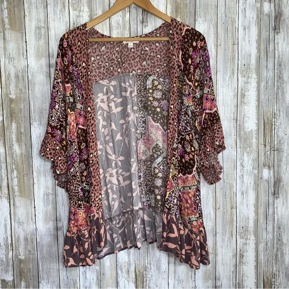 Umgee Mixed Print Floral & Leopard Drape Kimono - Picture 1 of 5